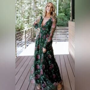 Baltic Born Layla Tulle Maxi Dress Floral Romantic Sheer Sleeves Green Garden S
